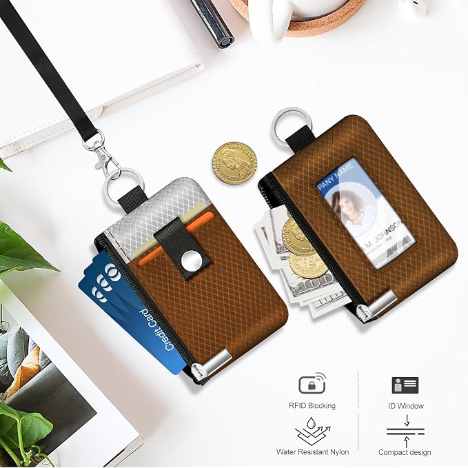 Minimalist RFID Blocking Small Wallet with ID Window,WaterResistant Zip Id Case Wallet with Lanyard Keychain for Cards,Cash,Travel,Women,Men (Brown/Light Grey) - Image 8