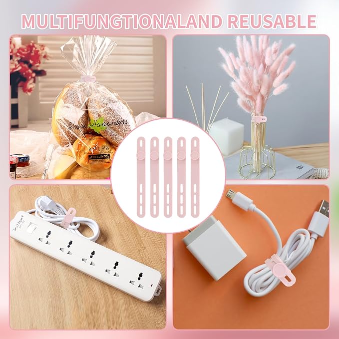 Oligei 25 Pcs Silicone Cable Ties, Cable Ties Reusable, High Elasticity Cord Wraps for Electrical Cords, Cord Organizer for Earphone, Phone Charger(Pink) - Image 7