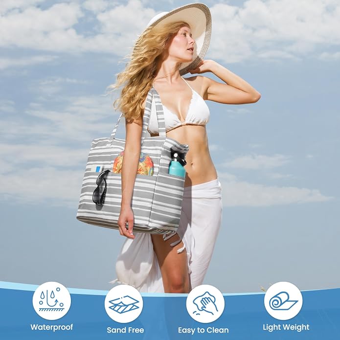 Trifabricy Beach Bags for Women, Waterproof Large Tote Bag With Zipper | Waterproof Sandproof, Zipper Closure, Wet Pocket, For Beach Gym Travel Shopping Vacation, Durable Lightweight, Easy Clean - Image 6