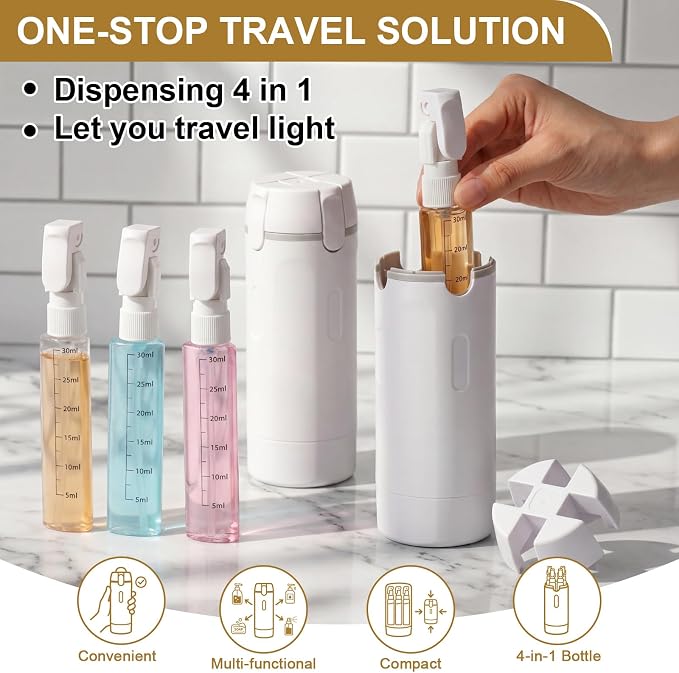 2 Pack 4 in 1 Travel Dispenser with 30ml Travel Bottles and Label Refillable & Leak Proof Portable Toiletry Containers with Locks for Shampoo Lotion Conditioner Cream (White) - Image 3