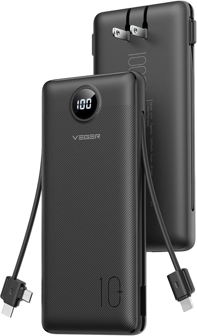 VEGER Portable Charger, 10000mAh Power Bank Built in Wall Plug and Cables | Ultra Slim&Compact, Charge 5 Devices at Once, Flight-Safe, Travel Essentials Battery Pack for iPhone 17, iPad, Samsung, etc by VEGER