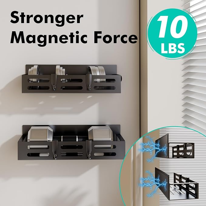 SETBAOO 4 Pack Magnetic Spice Rack for Refrigerator with 4-Hook Rack and Paper Towel Holder, Black Magnetic Shelf and Fridge Kitchen Cabinet Organizers Storage Seasoning Organization Mini Shelves. - Image 3