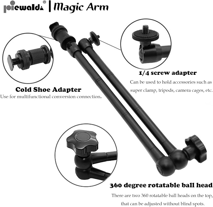Niewalda 20" Magic Arm Clamp Kit with 1/4" & 3/8" Threaded Mounts | with Phone Clip/Tripod Mount Adapter for Various Action Camera /DSLR/Cell Phone /Vlogging and LCD Monitor/LED Lights Mount - Image 4