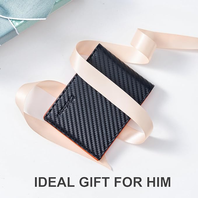 Chelmon Slim Wallet for Men ID Window with RFID Blocking Front Pocket Minimalist Bifold Bussiness Card Holder Gift for Men, Carbon Black & Orange - Image 7