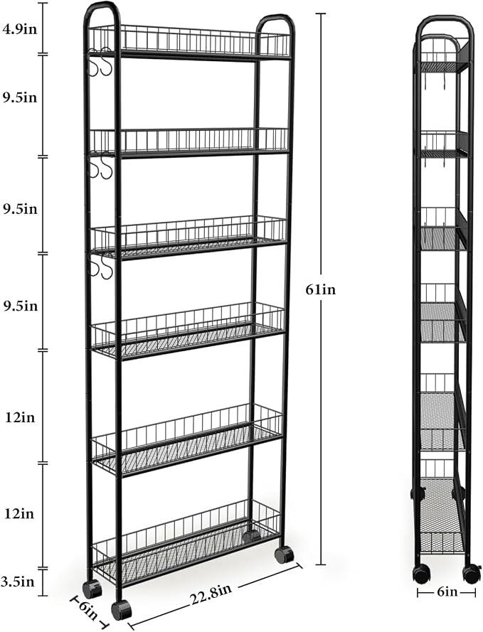 6in 6 Tier Slim Storage Cart with Wheels, Narrow Space Rolling Shelving Unit, Metal Wire Mobile Organizer Rack for Kitchen Bathroom Office Laundry - Image 5