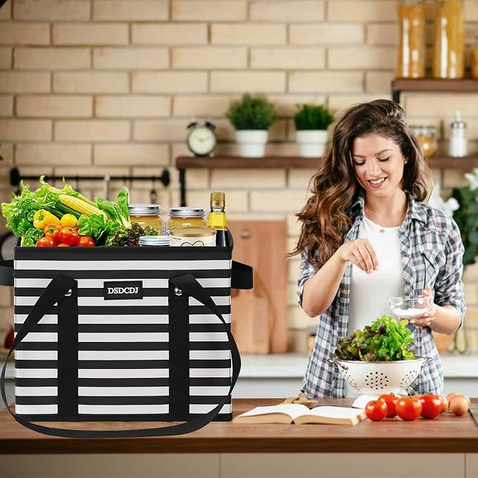 Reusable Grocery Bags 3 Pack - Heavy Duty Reusable Shopping Bags with Hard Bottom & Long Handles, Foldable Utility Tote Bag with Box Shape to Stand Up, 13x10.23x11in, Stripe Black - Image 7