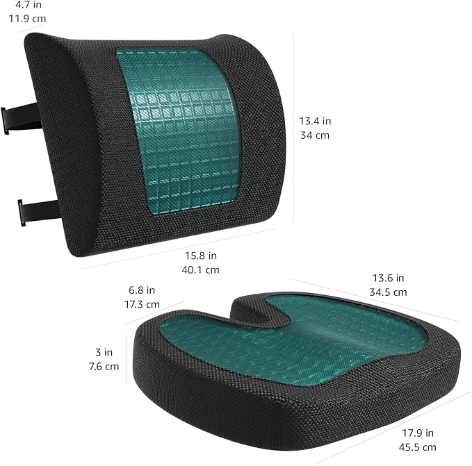 Amazon Basics Comfortable Seat Cushion & Lumbar Support for Office Chairs, Gel Enhanced Memory Foam, Non-Slip, Cooling, Portable, Pack of 2, Rectangular, Black - Image 4