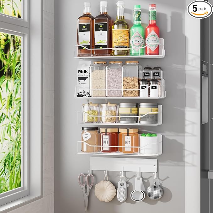 Magnetic Spice Rack for Refrigerator, 5 Pack Metal Strong Magnet Spice Organizer Shelves with Hook Rack, Space Saving Magnetic Fridge Shelf for Home Kitchen Organization and Storage (White) by IYEBAU