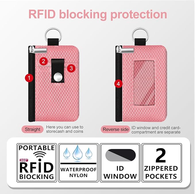 Minimalist RFID Blocking Small Wallet with ID Window,WaterResistant Zip Id Case Wallet with Lanyard Keychain for Cards,Cash,Travel,Women,Men (Pink) - Image 2