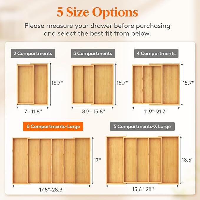 Lifewit Bamboo Utensil Organizer for Kitchen Drawer, Cooking Utensil Tray | Expandable Cutlery Silverware Flatware Holder, Wood Adjustable Spatula Tools Storage Divider, 17.8-28.3 x 17", Natural - Image 4