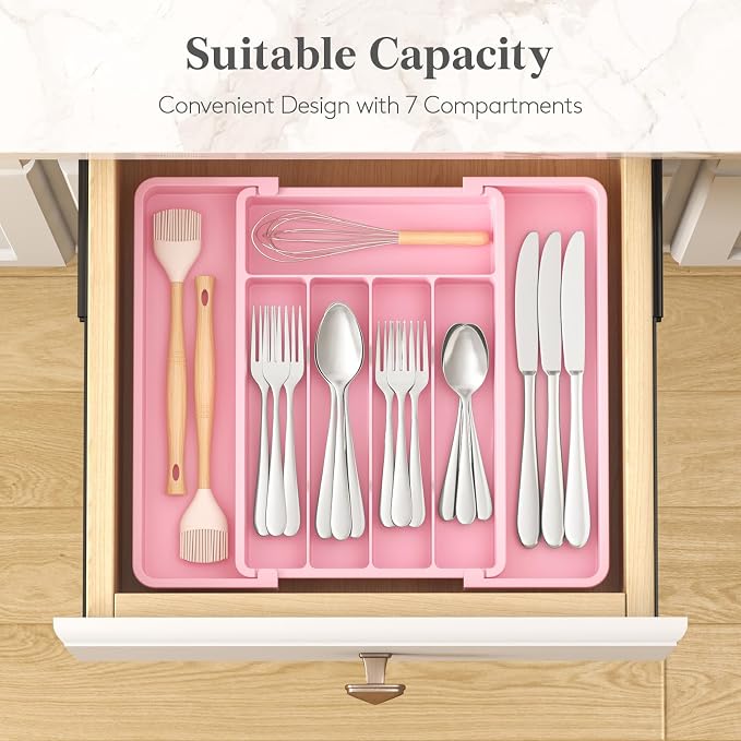 Lifewit Expandable Silverware Drawer Organizer, Kitchen Utensil Tray | BPA-free Plastic Flatware Cutlery Holder, Space-Saving Storage for Spoons Forks Knives, 8.5-14 x 12 x 1.5“, Pink - Image 3