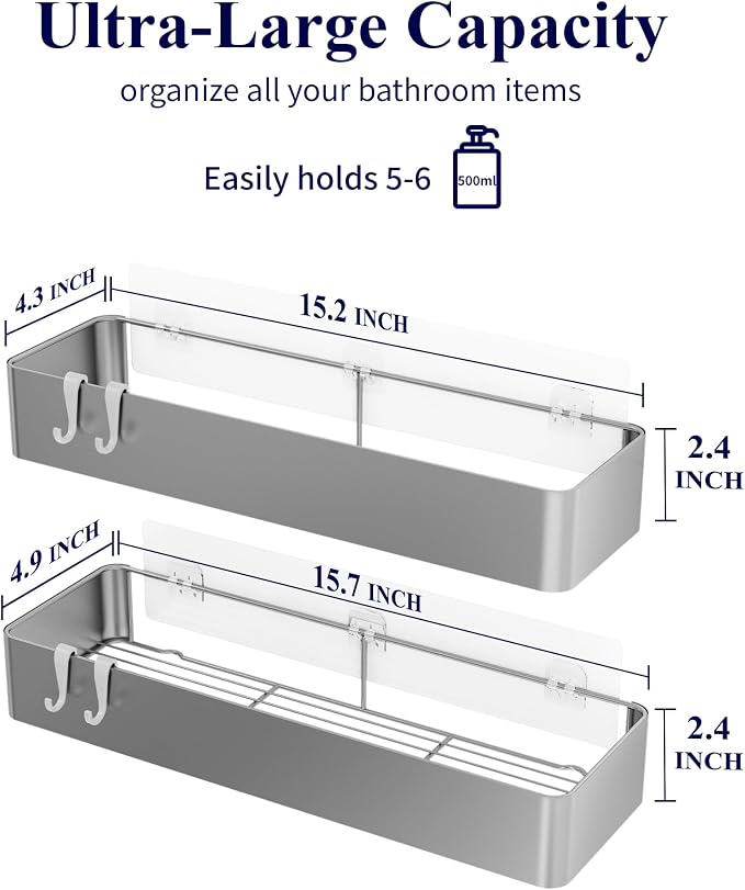 Kitsure Shower Caddy - 2 Pack Adhesive Shower Organizer, Rustproof Metal Shelves, No-Drill Bathroom Organizers and Storage, Silver Grey, XX-Large - Image 2