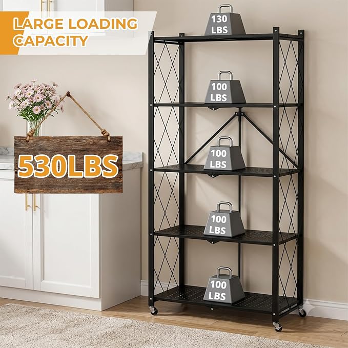 COKIHOM 5 Tier Foldable Storage Shelf with Wheels, Heavy Duty Metal Rolling Shelf Rack, No Assembly Wire Shelving Unit for Kitchen, Books, Living Room, Pantry, Garage, Office, Bedroom, Black - Image 5