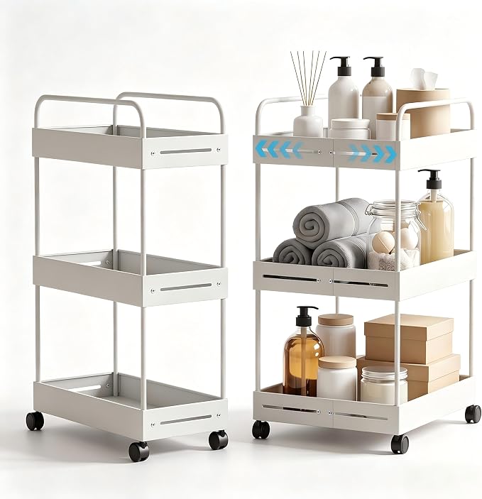 Extendable 3 Tier Heavy Duty Metal Utility Cart for Bath, White | Adjustable Storage Slim Cart | with 360° Swivel Wheels Cart | Detachable | Perfect for Laundry, Kitchen, Office, Garage by HOFUSUSER