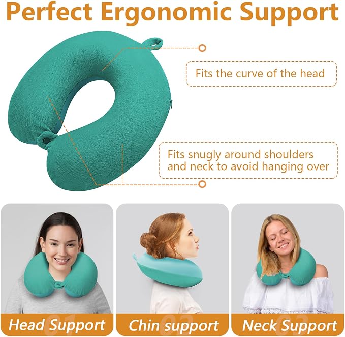 Travel Pillow, Memory Foam Neck Pillow for Traveling, U Shape Airplane Portable Flight Pillow Adult Travel Neck Pillow for Plane Train Car Home Office (Blue Turquoise) - Image 4