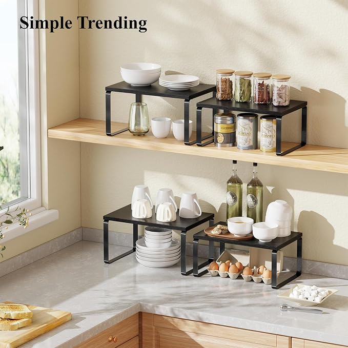 Simple Trending Cabinet Organizer Shelf, Set of 2 Stackable Kitchen Counter Shelves, Expandable Spice Rack Kitchen Storage Riser, Metal Engineered Wood, Black - Image 2