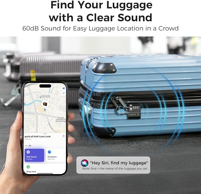 pack all Anti-Lost Tracking Luggage Lock, Smart TSA-Approved Cable Lock | Compatible Only with iOS, USB-C Rechargeable, Resettable 3-Digit Code, Clear Number Dials, Flexible Cable, 1 Pack - Image 2