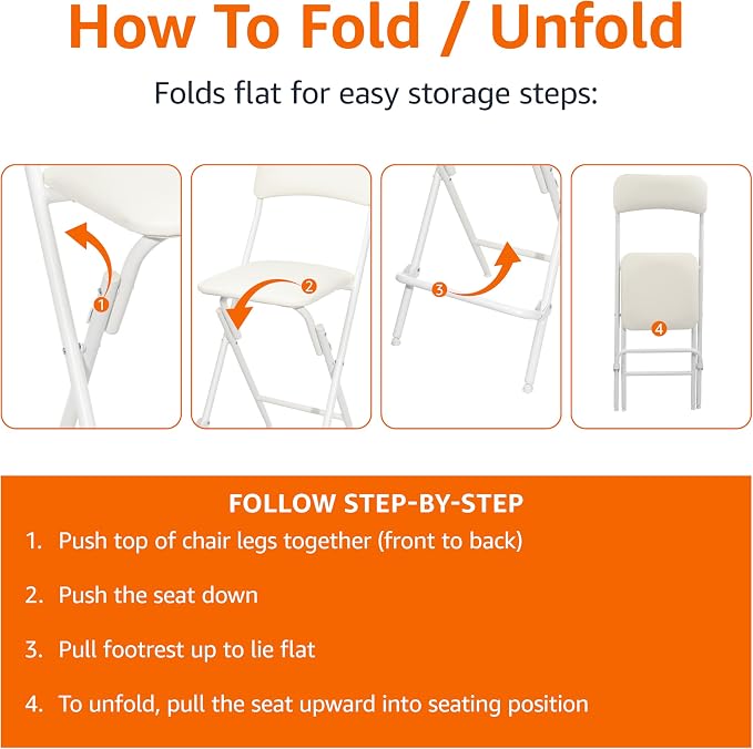 Amazon Basics Folding Bar Stool with Footrest, Portable, Sturdy, Space-Saving Storage, 300lb Capacity, 24" Height, White, Set of 2 - Image 4
