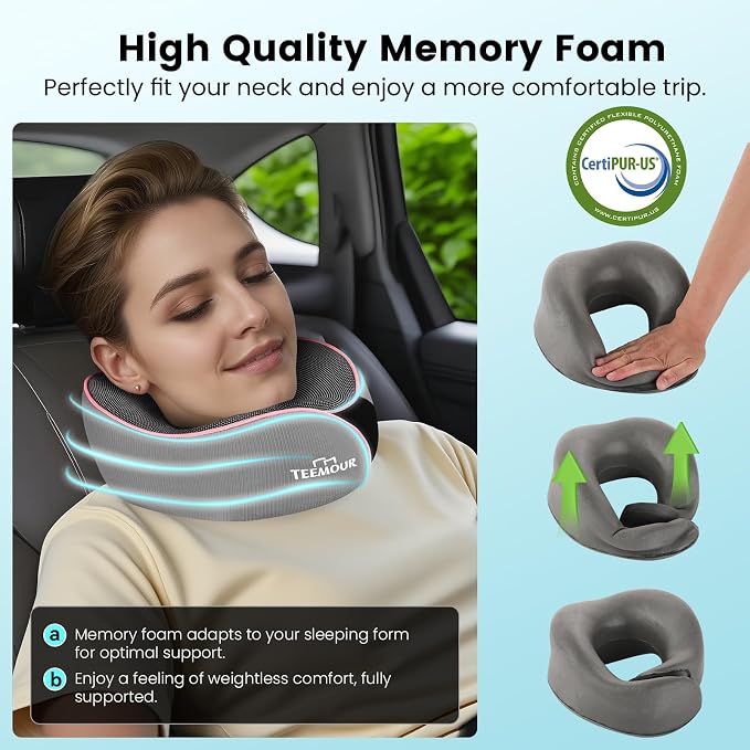Teemour Travel Neck Pillow Airplane- Upgraded Memory Foam Neck Pillow for Airplanes 360° Support Desing, with Eye Mask & Earplugs, Portable Carry Bag for Long Flights, Business Trip|Travel Essentials - Image 4