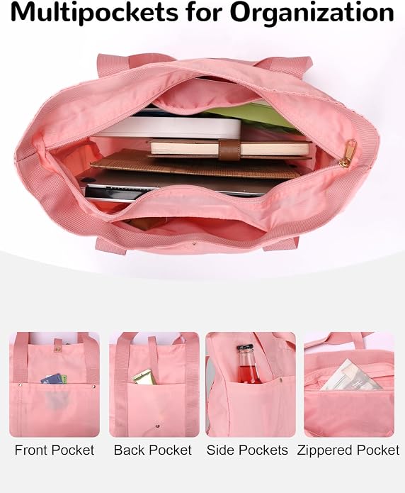 Foldable Tote Bag with Zipper for Women, 18L Nylon Lightweight Shoulder Handbag for Travel, Waterproof Beach Bag - Image 5