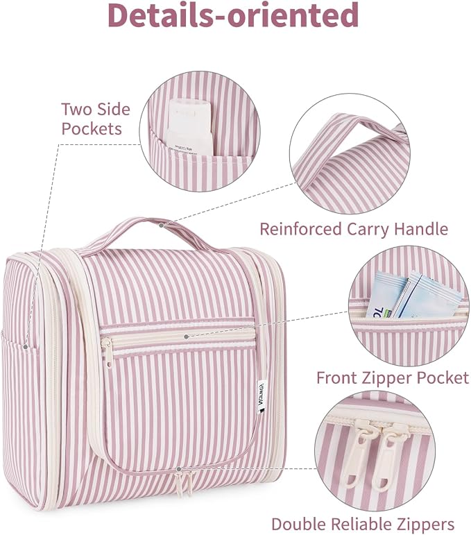 Narwey Striped Hanging Travel Toiletry Bag for Women, Travel Bag for Toiletries, Makeup Bag Organizer Cosmetic Bags Make Up Bags for Women (Dusty Rose Stripe) - Image 6