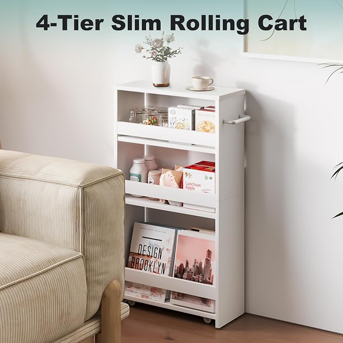 MARTY Slim Rolling Storage Cart, Wood Utility Kitchen Bathroom Laundry Cart | 4 Tier Kitchen Cart with Wheels Handle, Laundry Room Organization, Narrow Bathroom Storage Cabinet, 5.5" Wide Storage Trolley - Image 6