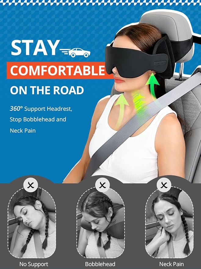 SARISUN Travel Pillow for Car Trip, Head Strap for Headrest with 3D Eye Mask - Image 2