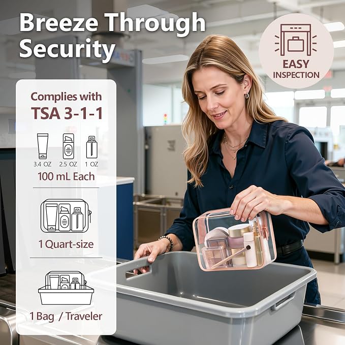 TSA Approved Toiletry Bag - Clear Makeup Bag, 4 Medium Rose Pink | Quart Size for Carry-On, Reinforced Seams, Water-resistant, Smooth Metal Zipper, Clear Easy-Check for Airport Hotels, Women - Image 2