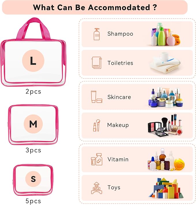 TISRATOK 10 PCS Clear Travel Bags for Toiletries, Clear Makeup Bags（Rose） | 3 Size plastic clear bags with zipper handbag, TSA approved cosmetic pouch for travel, swimsuit,toy storage bags - Image 3