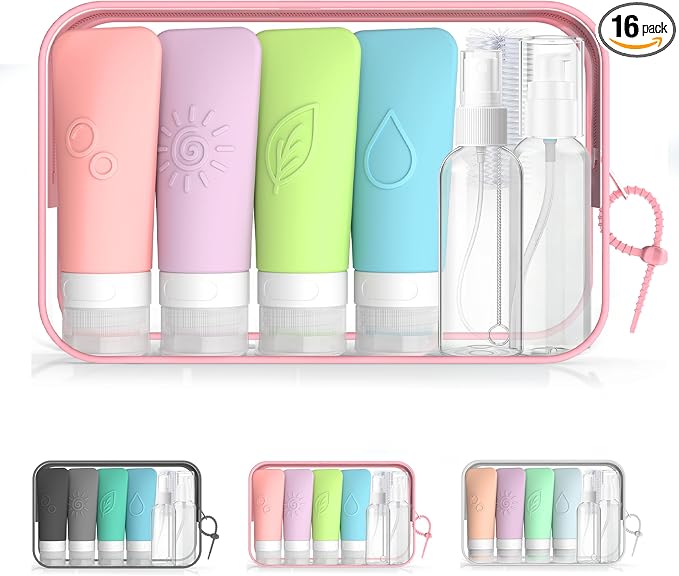 16-Piece Silicone Travel Bottles Set – TSA Approved Leakproof Toiletry Kit with Flat Easy-Squeeze Bottles, Pump & Spray, Waterproof Bag | 16-Piece Silicone Bottles Set,TSA Approved Leakproof,Easy-Squeeze Bottles,Come with Pump,Spray bottles and Waterpr... by KLKE
