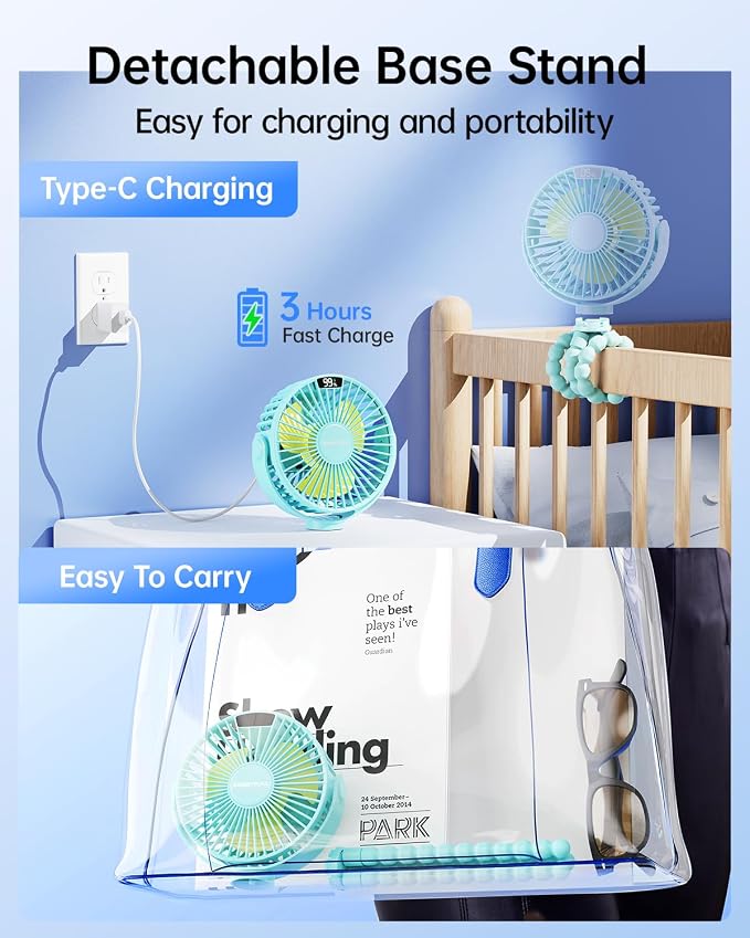 SWEETFULL Portable Stroller Fan with Display 4000mAh Battery Powered Mini Clip On Fan, 4-Speed Rechargeable Small Personal Cooling for Baby Car Seat Crib Travel - Cyan - Image 6