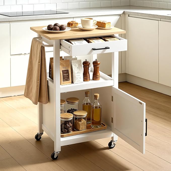 VEVOR Kitchen Island Cart with Single Door Cabinet, Mobile Carts with Drawer, Towel Rack, Hooks, Portable Table on Swivel Wheels, Small Coffee Islands Microwave Stand for Dining Room, 18x23 in, White - Image 9