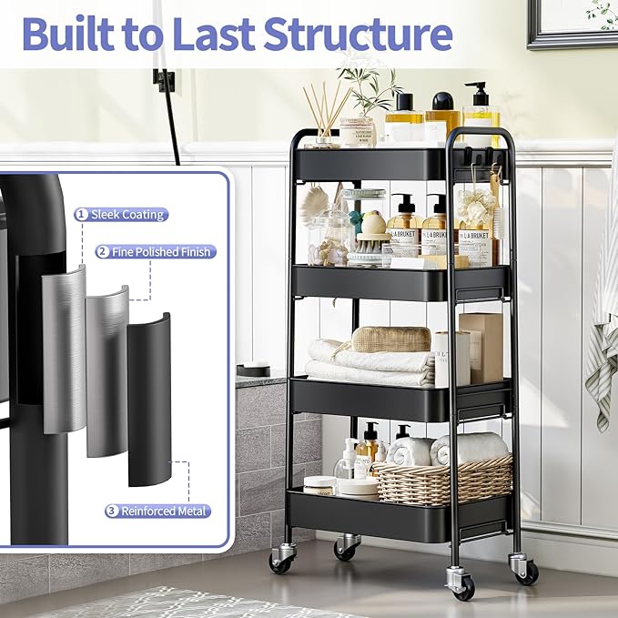 TOOLF 4 Tier Metal Rolling Cart, Utility Storage Cart with Wheels, Black | Screwless Assembly, Lockable Metal Wheels, Trolley Organizer for Bathroom, Kitchen, Office, Dorm, Laundry, Craft Room - Image 3