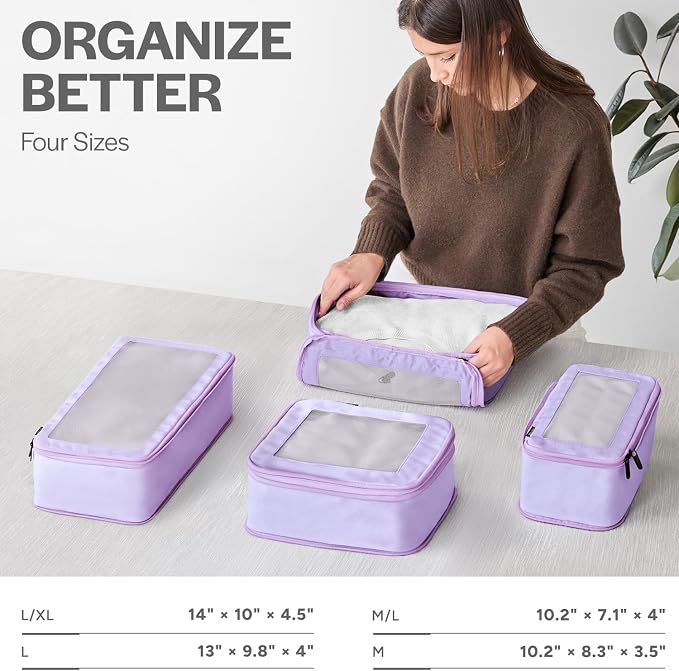 Compression Packing Cubes for Travel, 4-Pack, Purple | Solves overpacking, 4-Piece set fits most carry-ons, 50% Space savings, Compression luggage organizer bags - Image 3