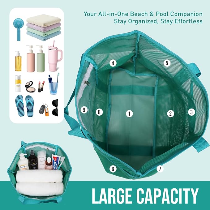 Large Mesh Beach Tote Bag, 9-Pocket Foldable Summer Vacation Beach Bag for Travel, Pool, Gym, Cruise - Image 4