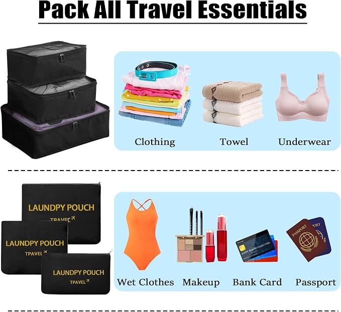 6 Set Packing Cubes for Travel Luggage Packing Bags Reusable Lightweight Suitcase Organizer Cubes Set for Travel Accessories (Black) - Image 5
