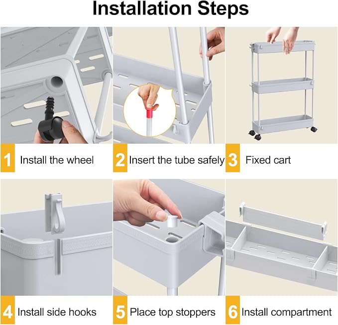 Slim Storage Cart 3 Tier,Bathroom Organizer Rolling Utility,Mobile Shelving Unit Slide Out for Office, Kitchen, Laundry Room & Narrow Places,Gray - Image 5