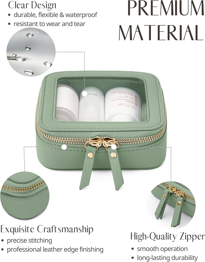 Small Clear Makeup Bag for Purse, Travel Cosmetic Case Green, Mini | Waterproof PU Leather, Square Make Up Pouch with Zipper, Tiny Sage Green Toiletry Organizer Bag Women Car Essential Bag - Image 2