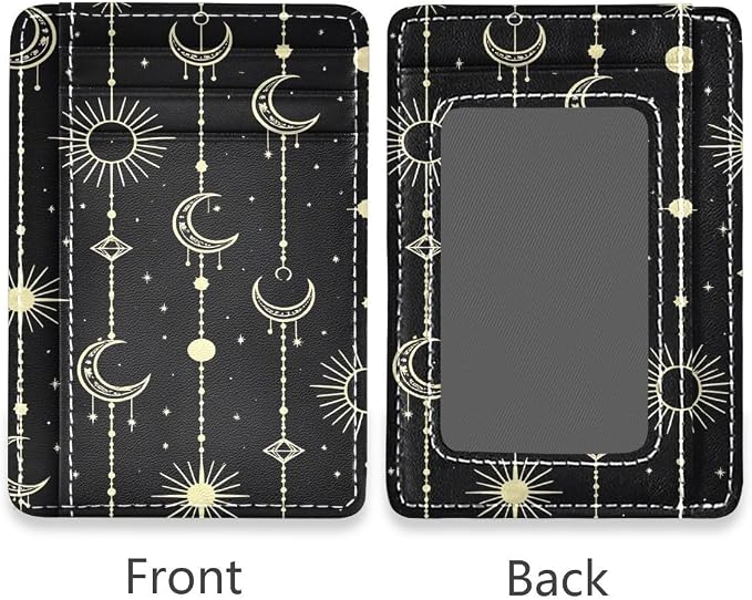 Front Pocket Minimalist Leather Slim Wallet Credit Card Holder Sun Moon Stars Witch for Men & Women - Image 2