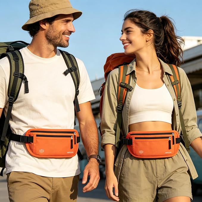 RFID Blocking Money Belt - Passport Holder & Travel Wallet, Slim Hidden Fanny Packs for Women Men - Orange - Image 7
