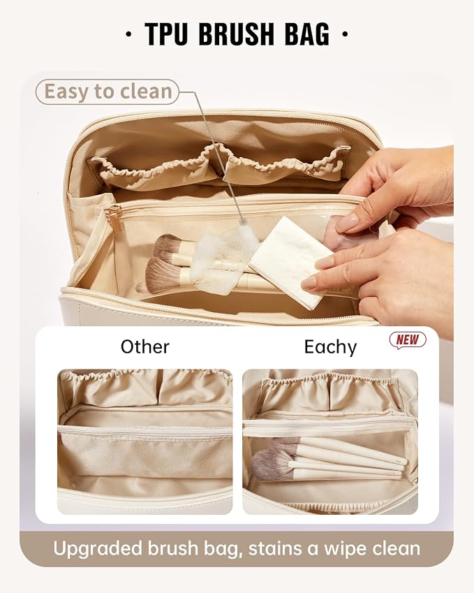 EACHY Travel Makeup Bag for Women, PU Leather Cosmetic Bag, White, Large | Water-resistant PU leather exterior with flat-open access, clear TPU brush compartment and organized storage for cosmetics - Image 4