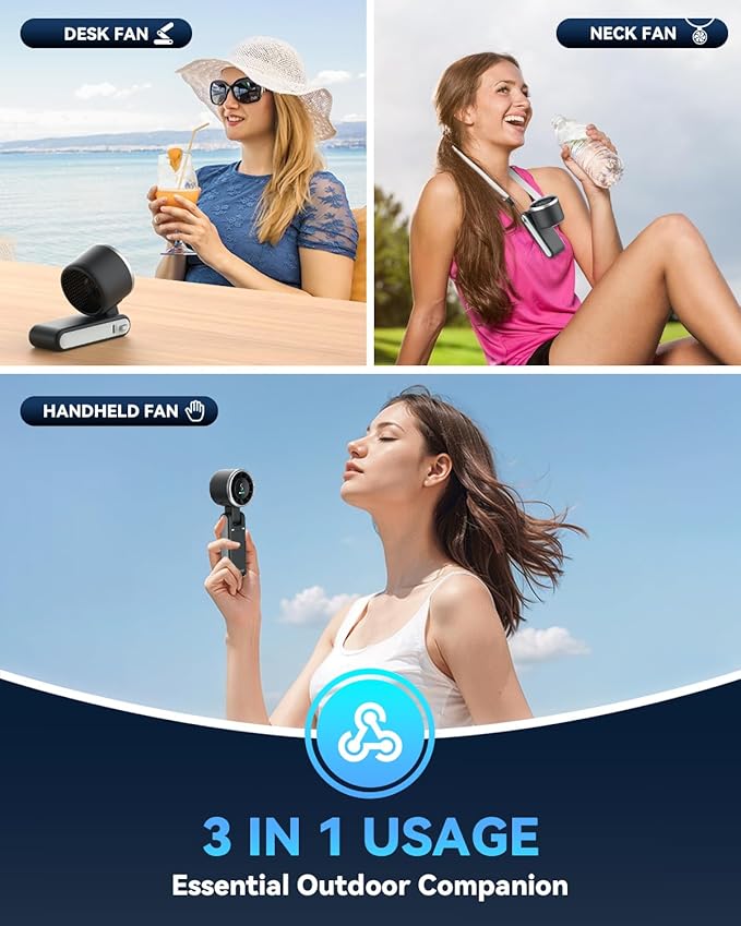 PlayHot Portable Handheld Turbo Fan, Travel Essentials, Gifts for Women/Men | 5-Speed, Up to 12H, 10m/s Airflow, USB-C Rechargeable, LED Display, 3-in-1 Foldable Personal Fan for Cruise, Beach, Vacation - Image 4