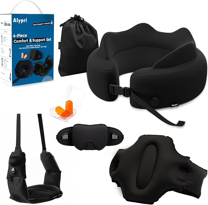 4-in-1 Travel Set – Inflatable Neck Pillow, Convertible Lumbar Support & Foot Hammock, 3D Sleep Mask & Ear Plugs – Complete Comfort Kit for Airplane, Office & Car – Gift-Ready (Black) by Unknown