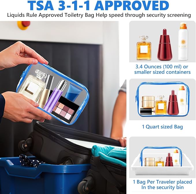 AURUZA Clear Makeup Bag,Portable Travel Toiletry Bags with Zipper, TSA Approved Clear Organizer Bags, PVC Cosmetic Pouch for Airport Airline Compliant (4 Packs Blue) - Image 3