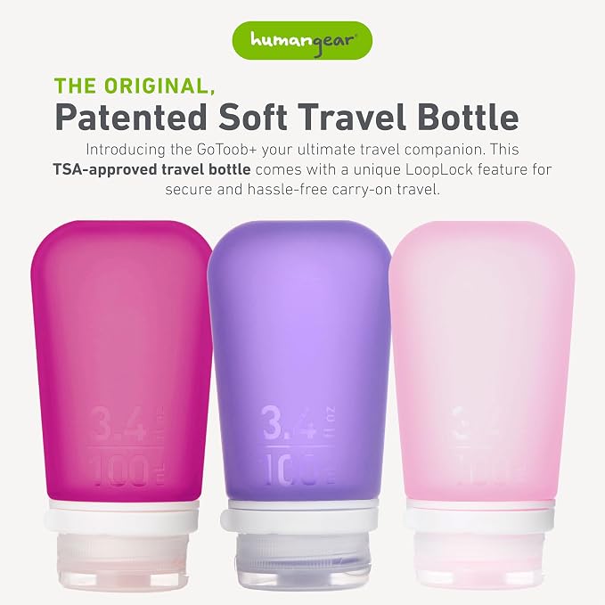 humangear GoToob+ 3-Pack, Large (3.4 fl oz), Rose/Lilac/Magenta | Refillable & Leak-Proof Silicone Travel Size Bottles with Locking Cap for Toiletries, Camping & TSA Carry-On - Image 2