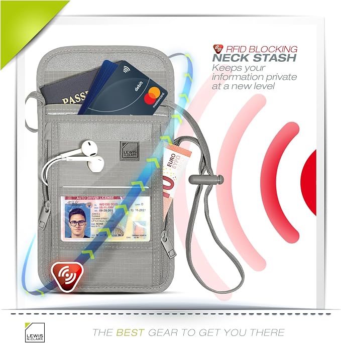 Lewis N. Clark Stash Neck Travel Wallet | RFID Blocking Passport Holder | Protect Personal Information | Gray - Image 3