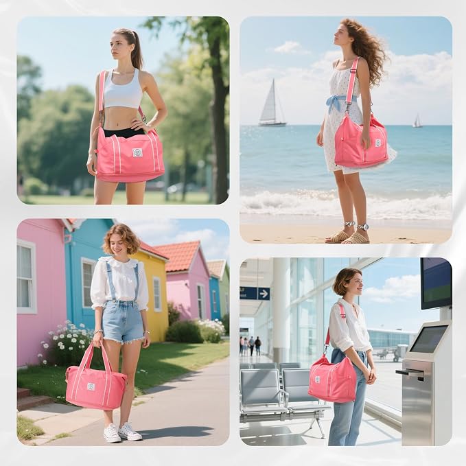 WALNEW Foldable Travel Duffel Bag, Weekender Bag for Women, Coral | Overnight Carry On Bag, Waterproof Gym Luggage with Metal Buckle Detachable Shoulder Strap and Wet Compartment - Image 8