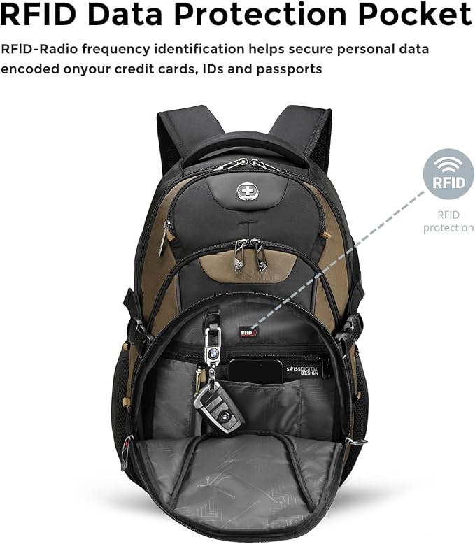 Swissdigital Design Laptop Backpack with USB Charging Port, Travel Backpack Fits 15.6-Inch Computer, 31l College School Backpack for Men, Tan/Black | SD803-34 - Image 5