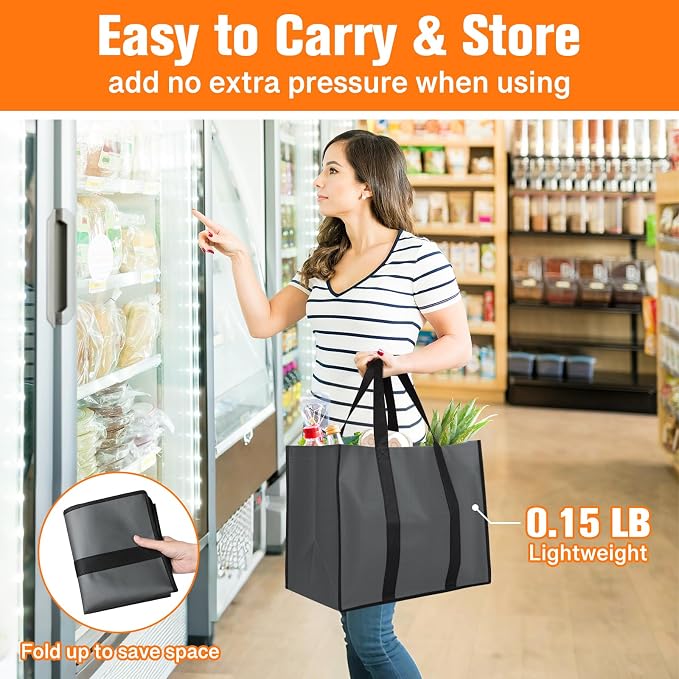 WISELIFE Reusable Grocery Bags, Foldable, Lasting Use, 35L, 6 Pack, Gray | Large Shopping Bags with Reinforced Stitching, Water-Resistant Grocery Totes for Kitchen, Market, Car Trunk, Picnic - Image 6