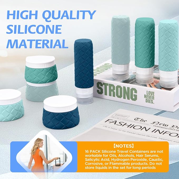 16 Pack Travel Bottles for Toiletries, TSA Approved Travel Size Toiletries Containers Set, BPA-Free Silicone Leak Proof Refillable Bottles Stackable Creams Jars Accessories Kit W/Clear Bag Mint Green - Image 6
